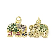Brass Micro Pave Colorful Cubic Zirconia Charms, with Jump Ring, Elephant, Real 18K Gold Plated, 13x14x3mm, Hole: 3.2mm(KK-E068-VF108)