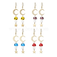 4 Pairs 4 Colors Mushroom Lampwork Dangle Earrings, Moon & Star Brass Long Drop Earrings, Mixed Color, 65~70x16.5mm, 1 Pairs/color(EJEW-TA00306)