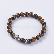 Natural Tiger Eye Beads Stretch Bracelets, with Alloy Finding, Buddha's Head, 2-1/8 inch(55mm)(BJEW-E325-D19)