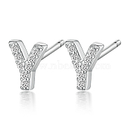 Rhodium Plated 925 Sterling Silver Initial Letter Stud Earrings, with Cubic Zirconia, Platinum, Letter Y, 5x5mm(HI8885-25)