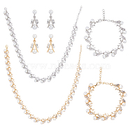 2 Sets 2 Colors Plastic Imitation Pearl Flower Link Chain Necklace & Bracelet & Dangle Stud Earrings, Alloy Wedding Sets, Platinum & Golden, 16 inch(40.5cm), 5-3/4 inch(14.6cm), 28mm, 1 Set/color(SJEW-FI0001-21)
