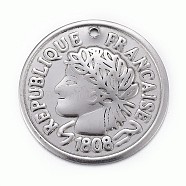 304 Stainless Steel Coin Pendants, Flat Round with Marianne and Word Republique Francaise, Antique Silver, 20x1mm, Hole: 1mm(STAS-P218-03)