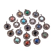 Natural & Synthetic Mixed Gemstone Pendants, Rack Plating Brass Hollow Flat Round Charms, Cadmium Free & Lead Free, Red Copper, Mixed Dyed and Undyed, 36.5x33x9.5mm, Hole: 7.5x5mm(G-Q158-03-AB)