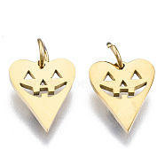 304 Stainless Steel Charms, with Jump Rings, Laser Cut, Halloween, Heart Jack-O-Lantern, Real 14K Gold Plated, 10x8x1mm, Jump Ring: 3.8x0.6mm, 2.6mm inner diameter(STAS-S116-376G)