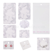 80Pcs 4 Style Cardboard Jewelry Marble Pattern Earring Display Cards, with Plastic Ear Nuts, OPP Cellophane Bags and Metallic Wire Twist Ties, White, Card: 4.3~10x3.5~6x0.05cm, 20pcs/style, about 364pcs/bag(CDIS-YS0001-02)