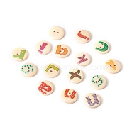 2-Hole Print Wood Buttons, for Sewing Crafting, Flat Round with Letter Pattern, Mixed Color, 14.5x4.5mm, Hole: 1.5mm(WOOD-E010-15)