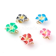 Handmade Polymer Clay Links Connectors, with Golden Brass Findings, Frangipani Flower, Mixed Color, 14~15x16.5~19x9~11mm, Hole: 2~3mm(PALLOY-JF00695)