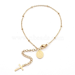 304 Stainless Steel Charm Bracelets, with Satellite Chains, Oval with Virgin Mary & Cross, Golden, 7-1/4 inch(18.5cm)(BJEW-JB05977)