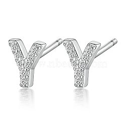 Anti-Tarnish Rhodium Plated 925 Sterling Silver Initial Letter Stud Earrings, with Cubic Zirconia, Platinum, Letter Y, 5x5mm(HI8885-25)