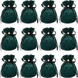 Velvet Jewelry Bags with Drawstring & Plastic Imitation Pearl, Velvet Cloth Gift Pouches, Dark Green, 13.2x14x0.4cm(TP-NB0001-20B)