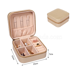 Square PU Leather Jewelry Organizer Zipper Boxes, Portable Travel Jewelry Case with Velvet Inside, for Earrings, Necklaces, Rings, Dark Khaki, 10x10x5cm(PW-WG92942-14)