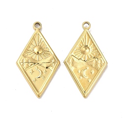 Ion Plating(IP) 304 Stainless Steel Pendants, Rhombus with Sun & Star Charm, Real 18K Gold Plated, 25.5x14x2mm, Hole: 1.6mm(X-STAS-L020-038G)