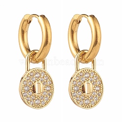 Padlock Brass Micro Pave Cubic Zirconia Dangle Earrings, with 304 Stainless Steel Ear Hooks, Golden, 31mm, Pin: 1mm(EJEW-JE04571)