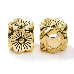 Tibetan Style Alloy European Beads, Large Hole Beads, Cube with Flower, Antique Golden, 8x8.5x8.5mm, Hole: 4.6mm, about 591pcs/1000g(FIND-H038-25AG)