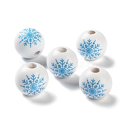 Printed Wood European Beads, Round with Snowflake, Deep Sky Blue, 16x15mm, Hole: 4mm(WOOD-Z002-08A)