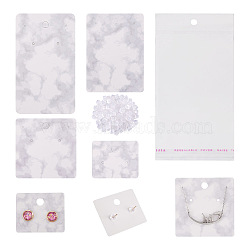 80Pcs 4 Style Cardboard Jewelry Marble Pattern Earring Display Cards, with Plastic Ear Nuts, OPP Cellophane Bags and Metallic Wire Twist Ties, White, Card: 4.3~10x3.5~6x0.05cm, 20pcs/style, about 364pcs/bag(CDIS-YS0001-02)