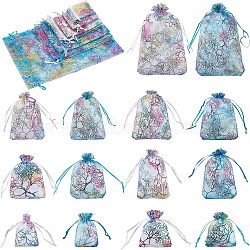 Organza Gift Bags, Drawstring Bags, with Colorful Coral Pattern, Rectangle, Mixed Color, 70pcs/set(OP-FH0001-01)