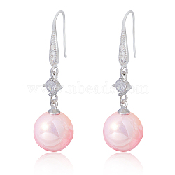 Pearl Earrings with Cubic Zirconia White Freshwater Shell Pearl Dangle Hook Earrings Stud Round Ball Drop Hoop Earrings Brass Jewelry Gift for Women, Pink, 42.5x12mm, Pin: 0.8mm(JE1097B)