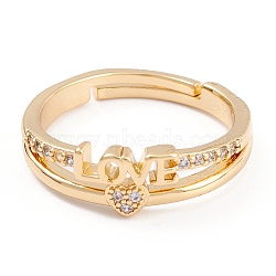 Adjustable Brass Clear Cubic Zirconia Finger Rings, Long-Lasting Plated, Word LOVE, Real 18K Gold Plated, 2.5~6.5mm, Inner Diameter: 17.4mm(RJEW-B034-13G)