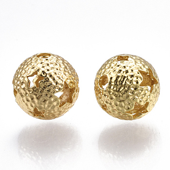 Brass Beads, Round with Star, Nickel Free, Real 18K Gold Plated, 12mm, Hole: 2mm