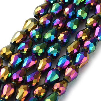 Electroplate Glass Bead Strands, Faceted, teardrop, Multi-color Plated, 12x8mm, Hole: 1mm, about 60pcs/strand, 27.5 inch