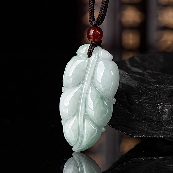 Natural Jadeite Carved Leaf Pendant Necklaces, Adjustable Nylon Cord Slider Necklaces, 28.50 inch(72.4cm)