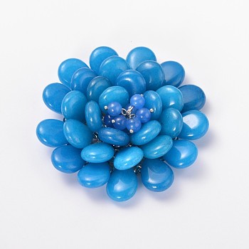 Dyed Jade Cabochons, with Platinum Color Metal Findings, Flower, Cornflower Blue, 66x24mm