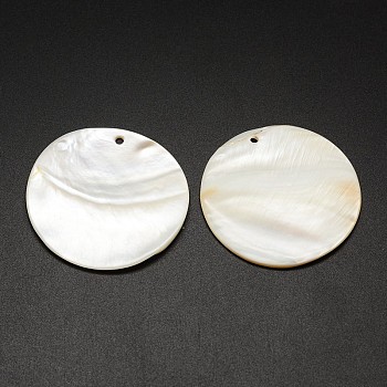 Flat Round Freshwater Shell Pendants, Creamy White, 44~46x3mm, Hole: 2mm