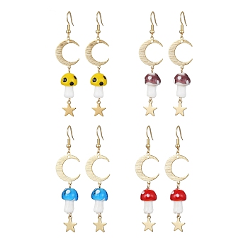 4 Pairs 4 Colors Mushroom Lampwork Dangle Earrings, Moon & Star Brass Long Drop Earrings, Mixed Color, 65~70x16.5mm, 1 Pairs/color