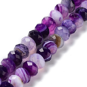 Natural Banded Agate/Striped Agate Beads Strands, Dyed & Heated, Faceted Rondelle, Purple, 8~8.5x5~5.5mm, Hole: 1mm, about 72pcs/strand, 15.24~15.35''(38.7~39cm)