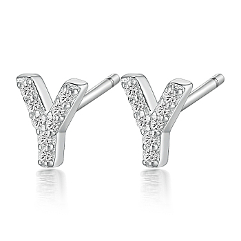 Rhodium Plated 925 Sterling Silver Initial Letter Stud Earrings, with Cubic Zirconia, Platinum, Letter Y, 5x5mm
