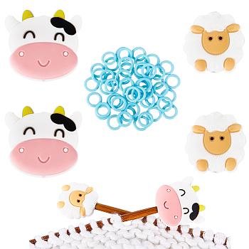 4Pcs 2 Styles Sheep & Cow Silicone Beads Knitting Needle Protectors/Knitting Needle Stoppers, with 50Pcs Plastic Knitting Stitch Marker Rings, Mixed Color, 11.5~28x11.5~29.5x1~9mm, Hole: 2mm