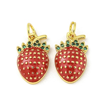 Rack Plating Brass Micro Pave Cubic Zirconia Pendants, with Enamel & Jump Ring, Cadmium Free & Lead Free, Long-Lasting Plated, Strawberry, Real 18K Gold Plated, 16x10x4mm, Hole: 3.4mm