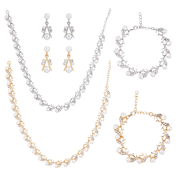 2 Sets 2 Colors Plastic Imitation Pearl Flower Link Chain Necklace & Bracelet & Dangle Stud Earrings, Alloy Wedding Sets, Platinum & Golden, 16 inch(40.5cm), 5-3/4 inch(14.6cm), 28mm, 1 Set/color