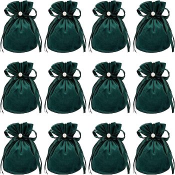 Velvet Jewelry Bags with Drawstring & Plastic Imitation Pearl, Velvet Cloth Gift Pouches, Dark Green, 13.2x14x0.4cm