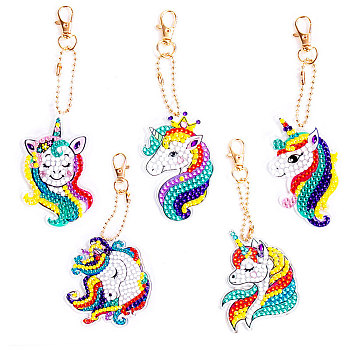 SUNNYCLUE DIY 5Pcs Unicorn Diamond Painting Keychain Kits, with Resin Rhinestones, Pen, Tray Plate and Glue Clay, Ball Chain Keychain and Swivel Clasp, Colorful, 1 Set