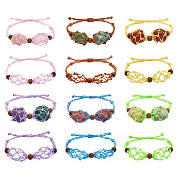 12Pcs Adjustable Braided Nylon Cord Macrame Pouch Bracelet Making, Interchangeable 2 Stones, with Natural Wood Beads, Mixed Color, Inner Diameter:  1-7/8~3-1/4 inch(4.7~8.4cm)