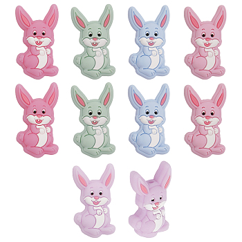 10Pcs 5 Colors Food Grade Eco-Friendly Silicone Cabochons, Rabbit, Mixed Color, 29.5x16.5x9mm, Hole: 2mm, 2pcs/color
