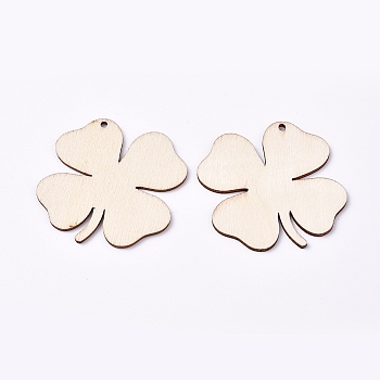 Undyed Wood Pendants, Four Leaf Clover, Blanched Almond, 49.4x49.8x1.5mm, Hole: 2mm