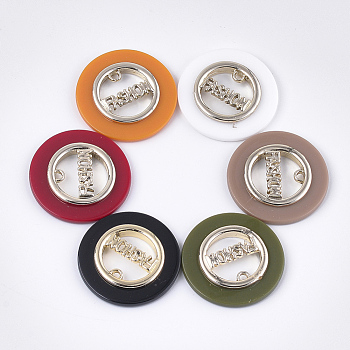 Opaque Acrylic Pendants, with Alloy Findings, Flat Round with Word Fashon, Light Gold, Mixed Color, 29x4mm, Hole: 1.8mm