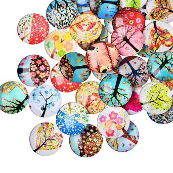 50Pcs Tree of Life Printed Half Round/Dome Glass Cabochons, Mixed Color, 25x7mm