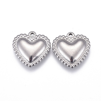304 Stainless Steel Charms, Heart, Stainless Steel Color, 14.5x15x4mm, Hole: 1.2mm