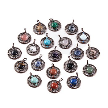 Natural & Synthetic Mixed Gemstone Pendants, Rack Plating Brass Hollow Flat Round Charms, Cadmium Free & Lead Free, Red Copper, Mixed Dyed and Undyed, 36.5x33x9.5mm, Hole: 7.5x5mm