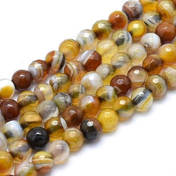 Natural Striped Agate/Banded Agate Beads, Dyed, Faceted Round, Goldenrod, 4mm, Hole: 1mm, about 93pcs/strand, 14.5 inch(37cm)