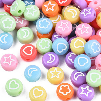 Opaque Mixed Color Acrylic Beads, Flat Round with White Heart & Flower & Moon & Star, 7x4mm, Hole: 1.5mm, about 3600pcs/500g