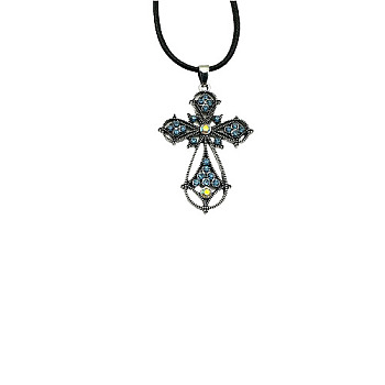Cross Zinc Alloy Pendant Necklace, with Rhinestone, Denim Blue, 19.69 inch(50cm)