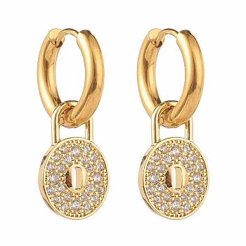 Padlock Brass Micro Pave Cubic Zirconia Dangle Earrings, with 304 Stainless Steel Ear Hooks, Golden, 31mm, Pin: 1mm