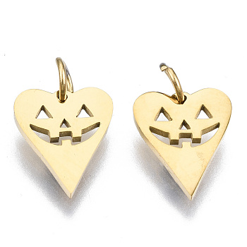 304 Stainless Steel Charms, with Jump Rings, Laser Cut, Halloween, Heart Jack-O-Lantern, Real 14K Gold Plated, 10x8x1mm, Jump Ring: 3.8x0.6mm, 2.6mm inner diameter