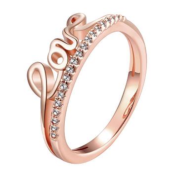 Word Love Real Rose Gold Plated Brass Cubic Zirconia Rings for Women, US Size 8(18.1mm)