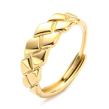 304 Stainless Steel Grooved Rhombus Adjustable Ring for Women, Real 14K Gold Plated, US Size 8 1/2(18.5mm)